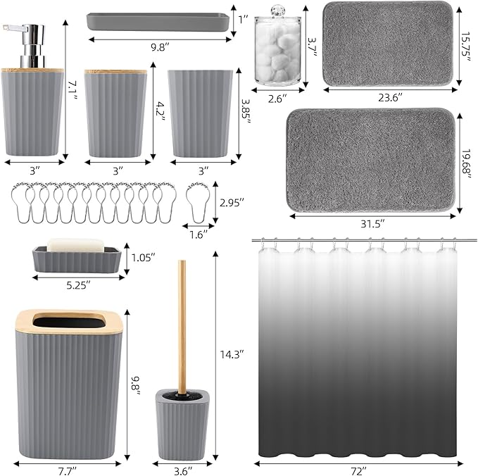 XLHOMO Bathroom Accessory Set–Bathroom Set with Shower Curtain and Rugs, No Slip Bathroom Rugs Super Absorbent, Grey Ombre Waterproof Shower Curtain with Hooks, Gray Bathroom Sets Complete for Home