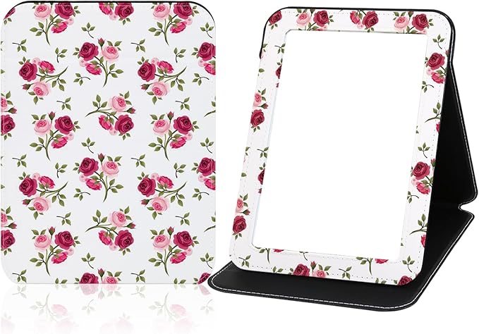Mirror Foldable Portable Travel Makeup Compact Personal Hand Mirror PU Portable Adjustable Rectangular Ultrathin Vanity Mirror with Stand, for Travel, Camping, Home, Office & On-The-Go (Rose Pattern)