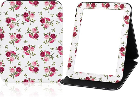 Mirror Foldable Portable Travel Makeup Compact Personal Hand Mirror PU Portable Adjustable Rectangular Ultrathin Vanity Mirror with Stand, for Travel, Camping, Home, Office & On-The-Go (Rose Pattern)