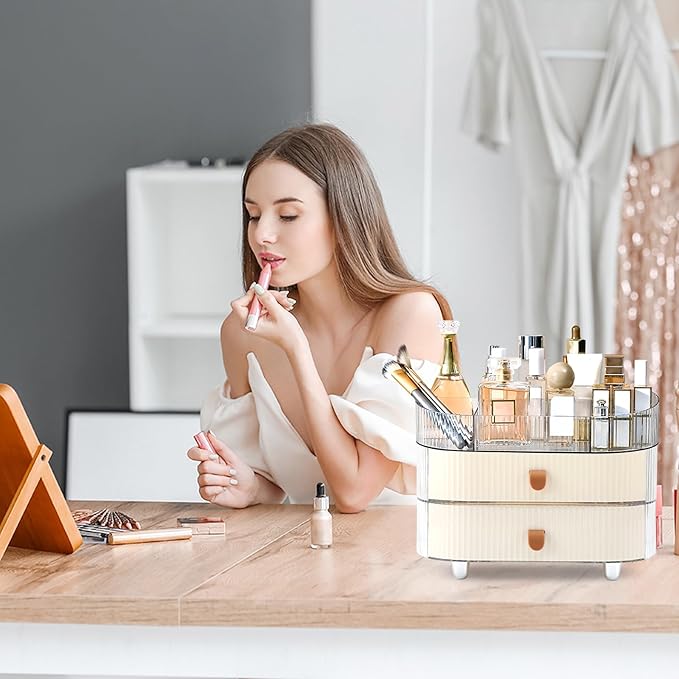 Makeup Organizer Countertop with 2 Drawers and 1 Clear Tray Stackable Skincare Cosmetics Storage Box for Vanity and Bathroom Countertop