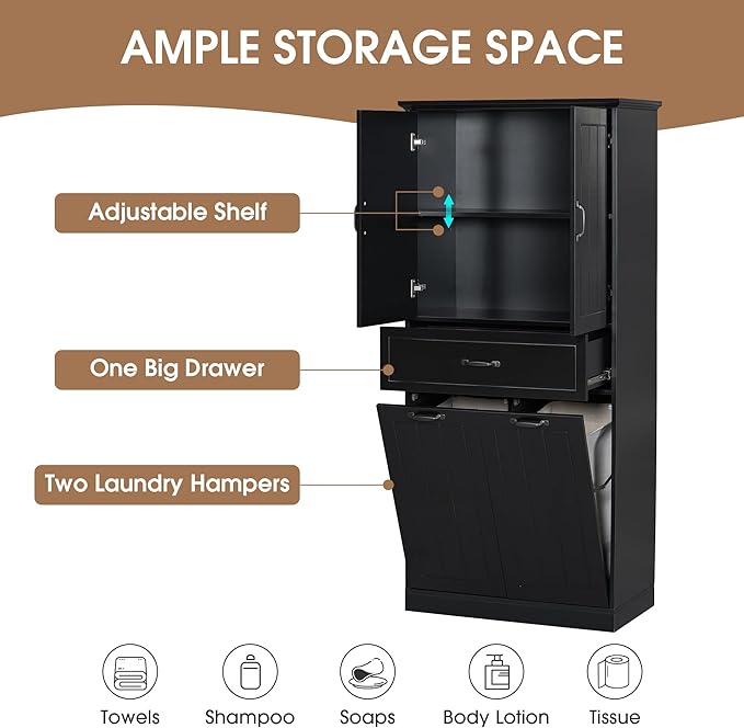 Virubi Tall Tilt Out Laundry Cabinet with 2 Tilt Out Laundry Hamper, Wood Bathroom Storage Cabinet with Doors,Drawers and Adjustable Shelves Freestanding (Black)