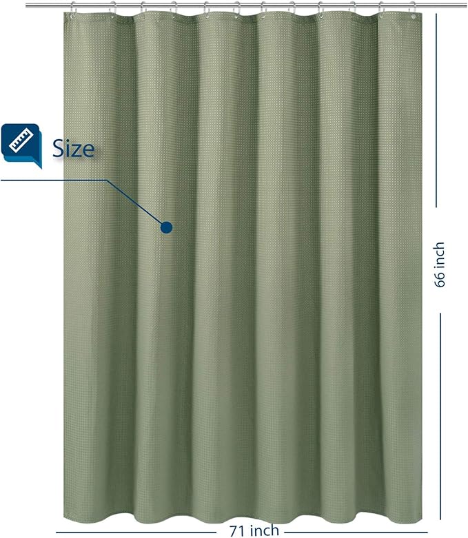 Short Waffle Weave Fabric Shower Curtain 66 inch Long , Hotel Luxury Spa, 230 GSM Heavy Duty, Water Repellent, Machine Washable, Sage Green Pique Pattern Decorative Bathroom Curtain, 71x66