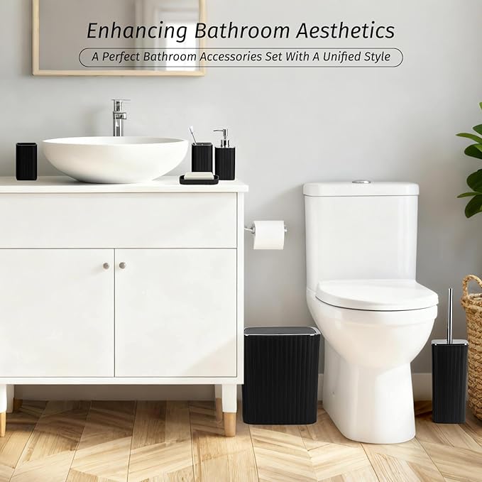 Bathroom Accessories Set, 21Pcs Black&Silver Bathroom Set, Including Shower Curtain, Toothbrush Holder, Trash Can, Toilet Brush, Bathroom Soap Dispenser Set for Bathroom Decor