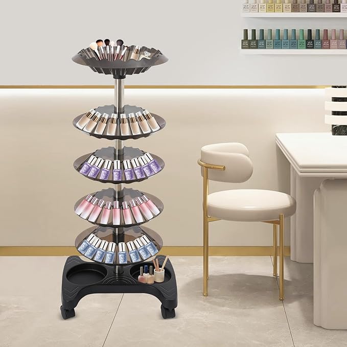 DYRABREST 5-Tier Nail Polish Trolley Organizer, 360° Rotating Nail Polish Display Stand with Wheels, Adjustable Shelves, White Modern Rolling Cart for Nail Salons and Home Use (black)