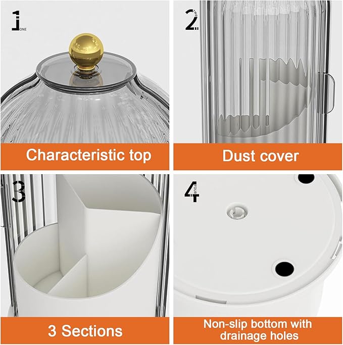 Makeup Brush Holder with Lid 360 rotating,Toothbrush Holder With lid for vanity,3 Slots Storage with 360 Rotating &180° Sliding Open for Bathroom Counter Organizer,Clear Dustproof & Waterproof 1pcs