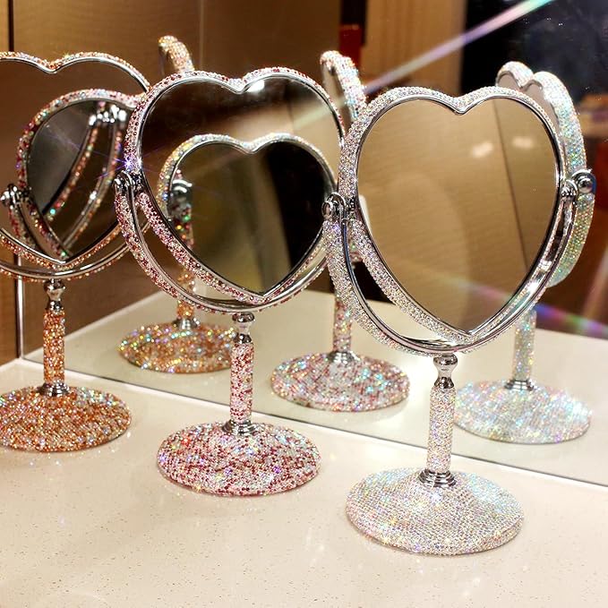 Luxury Bling Double-Sided Tabletop Makeup Mirror, Heart Shape Metal Makeup Mirror with 1:2 Magnifying Mirror, Rotating Mirror (Silver)