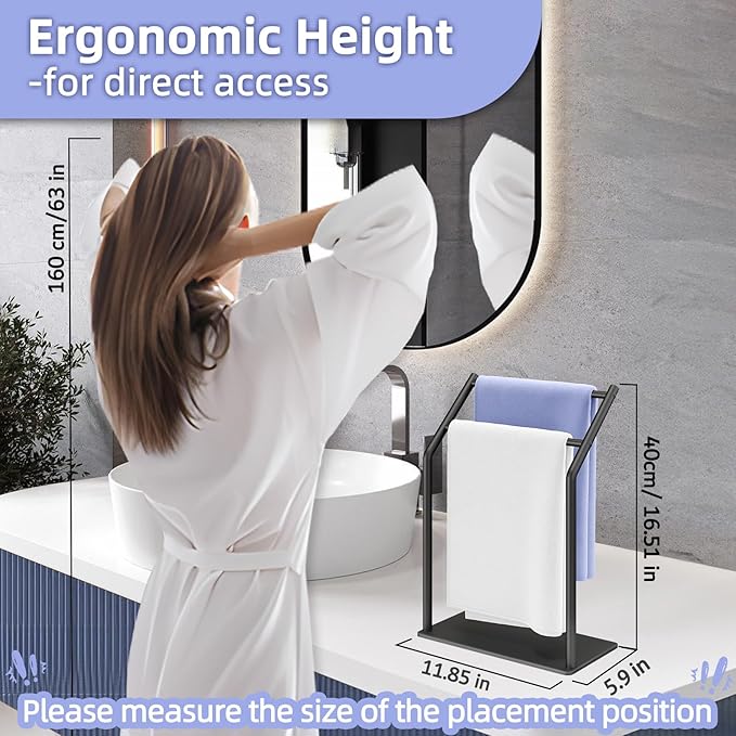 Gypie Hand Towel Holder Stand for Bathroom -Heavy Duty 304 Stainless Steel Ideal Countertop Hand Towel Rack with Silicone Pad, Black