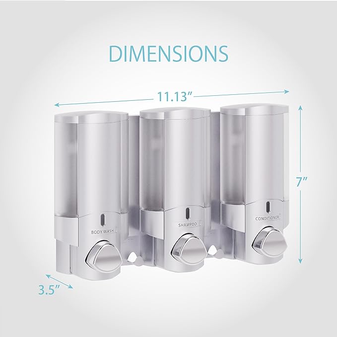 Better Living Aviva Shower Dispenser 3 Chamber, Wall Mount Shower Soap Dispenser for Bathroom Hotel Body Wash, Built-in Hooks, No Drill, Waterproof Shampoo Soap Dispenser, 3 x 11 oz, Satin Silver