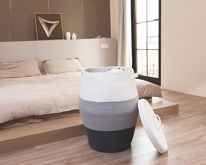 26" x 20" Handcrafted Tall Cotton Rope Basket with Lid, Stylish Flagon Shape with Cover, Clothes Hamper with Top, for Bedroom and Living Room, Grey/Dark Grey