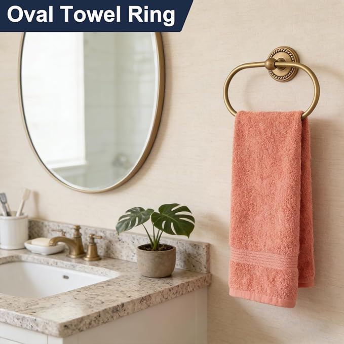 Oval Towel Ring, Antique Brass Towel Holder for Bathroom Wall Mounted, Gold Hand Towel Ring, Oval Towel Rack Hanger for Bath, Kitchen