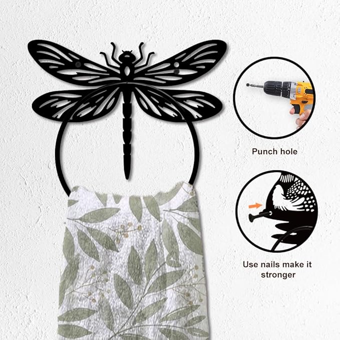 MAYJOYDIY Dragonfly Metal Towel Ring Antique Insects Hand Towel Holder Round Dragonfly Wings Towel Hangers Black Bathroom Towel Rack Wall Mounted for Kitchen Bath Home Laundry Room Decors Gifts