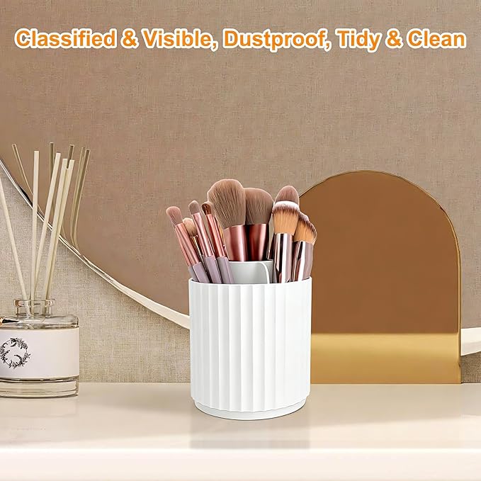 360 Rotating Makeup Brush Holder Organizer, Dustproof Storage Organizer with 5-Slot, Multifunctional Pen Holder for Makeup Brush Mascara or Eyeliner, White-A
