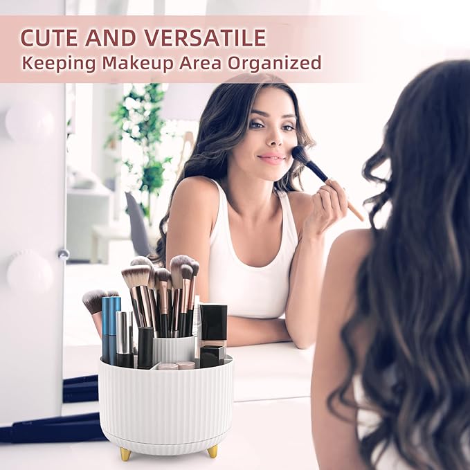 360°Rotating Makeup Organizer, 5 Slot Makeup Brush Holder, Spinning Cosmetic Organizer for Vanity, Bedroom(White)