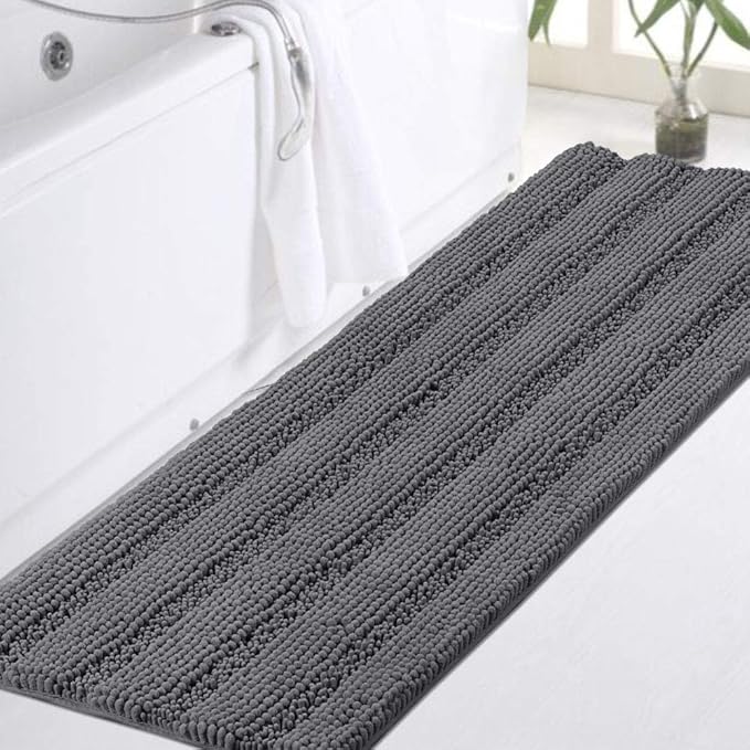 Turquoize Plush Chenille Bath Rug, Gray, Large (47 x 17"), Non-Slip, Washable, Water Absorbent & Soft, For Bathroom Floor