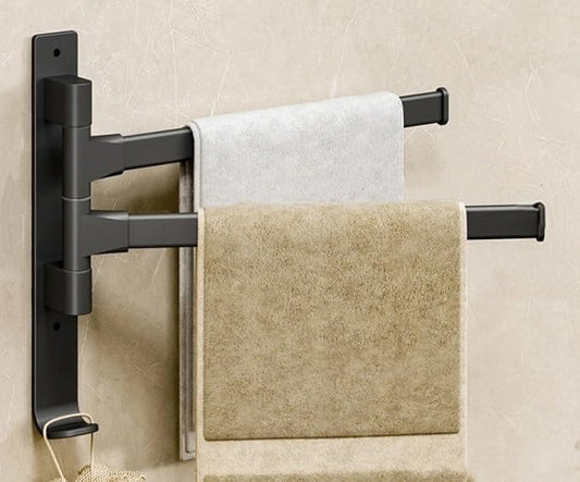 2 Arms Swivel Towel Rack Thicken Towel Holder with Hook Space Saving Towel Bar Wall Mount Swivel Towel Racks for Bathroom Kitchen-Black