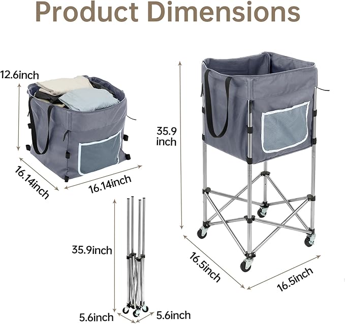 35.9" Tall Laundry Cart with Wheels, No-Bend Rolling Laundry Basket, Stable Stainless Steel Frame, Collapsible Laundry Hamper for Bathroom, Dorm & Bedroom, 600D Washable Bag – Grey