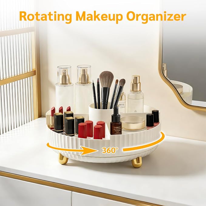 Rotating Makeup Organizer with Brush Holder Spinning Tray for Cosmetics, Skincare, Perfume Bathroom Vanity Storage, White