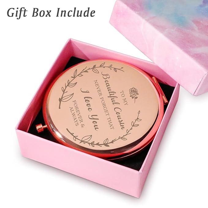 Personalized Gifts for Cousin, Custom Cousin Gifts for Birthday, Engraved Compact Mirror, Mothers Day Basket Stuffers