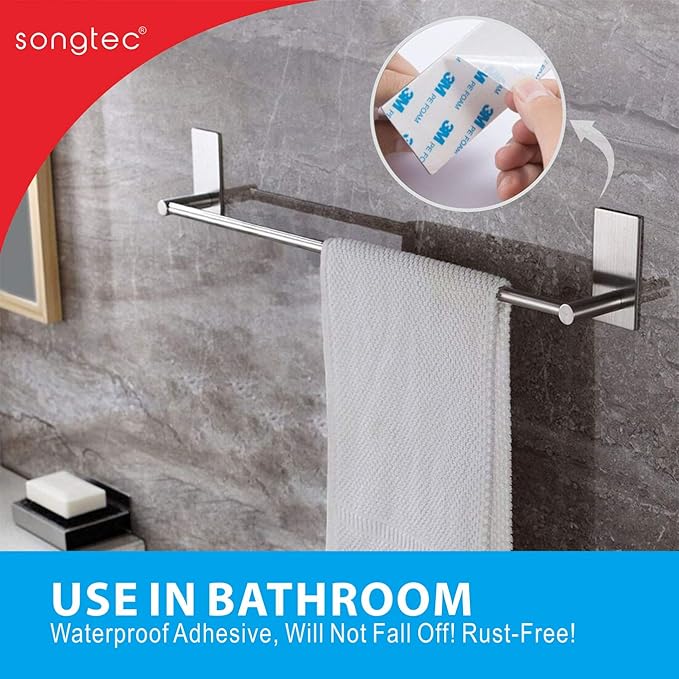 Adhesive Bath Towel Bar 24-inch, No Drill Stick On Towel Rack, Easy Install with Self-Adhesive, Premium SUS304 Stainless Steel (Brush Nickle, 24)