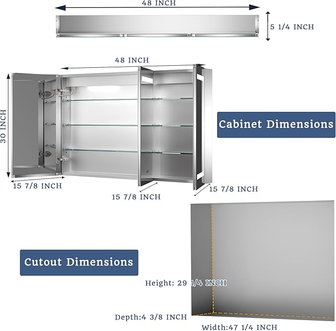 ExBrite LED Lighted Bathroom Medicine Cabinet with Mirror, 48 x 30 Inch, Recessed or Surface Mount, Anti-Fog, Stepless Dimming, Color Temperature Change, Built-in 6000K Sensor Light, Storage Shelves