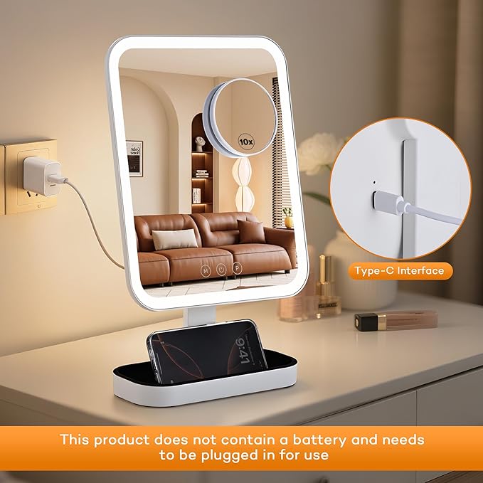 Vanity Mirror with Lights, 1/10X Magnifing，Hollywood Vanity Mirror with 3 Colors Lights & Adjustable, Smart Touch Control Modern Style, Dresser Mount, Bathroom,（16.5" X 9.8" White） Plug in