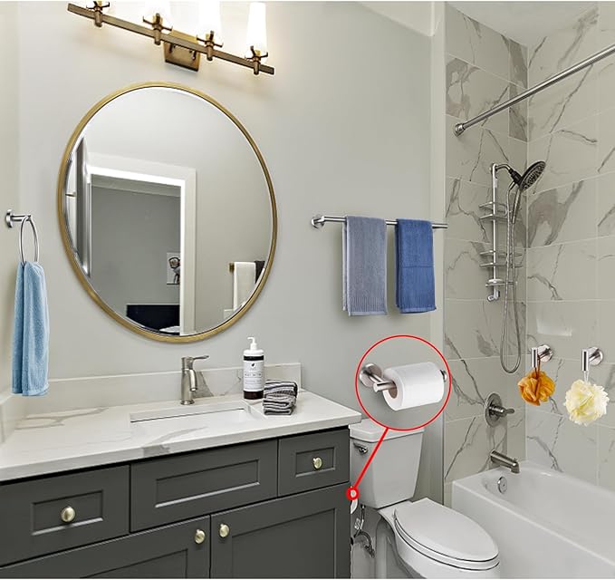 5 Pieces Brushed Nickel Bathroom Hardware Set Include 16inch Towel Bar,2pcsTowel Hooks,Toilet Paper Holder,Hand Towel Ring Round SUS304 Stainless Steel Bathroom Accessories Set Heavy Duty Wall Mounted