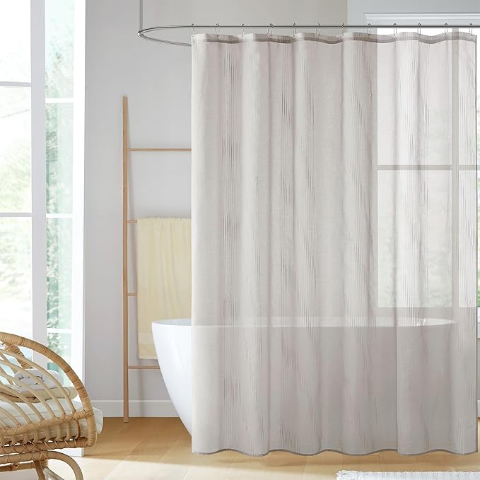 Madison Park Anna Sheers Shower Curtain, Textured Striped Accent Design, Modern Mid-Century Bathroom Decor, Machine Washable, Fabric Privacy Screen 72x72, Grey