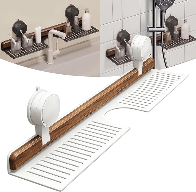 Luxe Sink Suction Organizer, No Drill 20 Inch Bathroom Over Sink Shelf, Adhesive Wall Shelf for Bathroom Storage Organizer, Holds 5lb on Tile/Glass/Mirror, Removable Wood Rack(White 50cm)