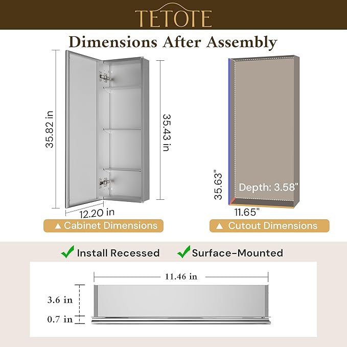 TETOTE 12 x 36 Bathroom Vanity Mirror Cabinet with Tempered Beveled MirrorSilverMedicine Cabinet Aluminum Cabinet DTC Hinges, Stepless Adjustable Shelves, Recessed/Surface-Mounted