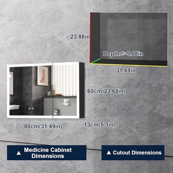 32x24 Lighted Medicine Cabinet with Mirror, Recessed or Surface Led Medicine Cabinet with Color Adjustment and Anti-Fog, 2 Doors Aluminum Cabinet, Cream White (No Assembled Required)