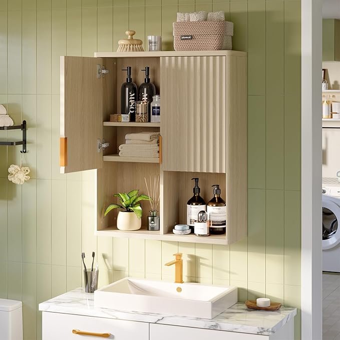Besiter Fluted Bathroom Wall Cabinet, 23"x 29" Wall Mounted Medicine Cabinet with 2 Doors & Adjustable Shelves, Over The Toilet Storage Cabinet for Laundry Rroom, Kitchen & Living Room, Natural Oak