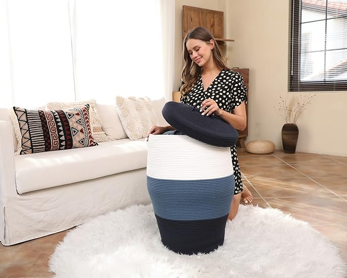 26"x20" Handcrafted Tall Cotton Rope Basket with Lid, Stylish Flagon Shape with Cover, Clothes Hamper with Top, for Bedroom and Living Room, Dark Blue/Deep Blue