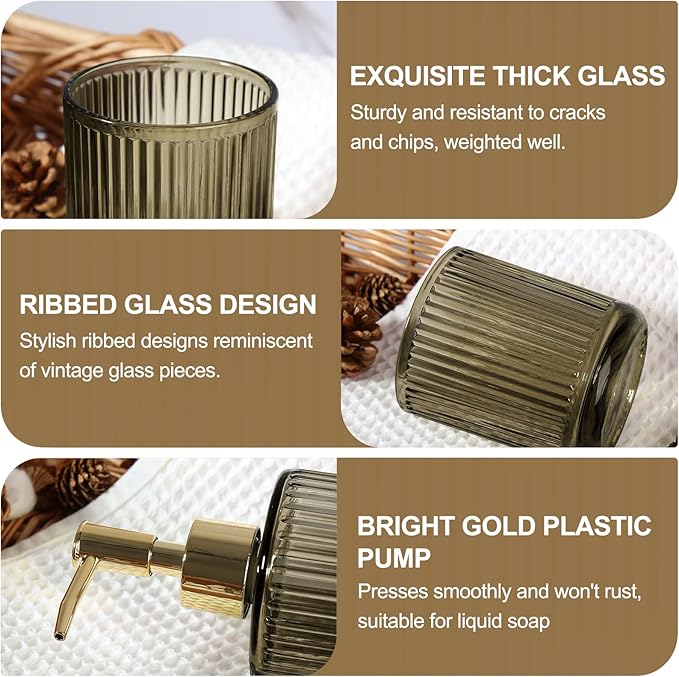 KASUNTING Brown Glass Bathroom Accessories 4 Pcs, Brown Bathroom Set, Soap Dispenser and Toothbrush Holder Set, Qtip Holder Set, Vintage Bathroom Sink Set, Modern Bathroom Decor