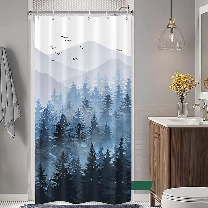 Accnicc Stall Small Blue Misty Forest Shower Curtain Set Ombre Mountain Pine Tree Waterproof Fabric Shower Curtains for Bathroom Nature Woodland Decorative Bath Curtain Decor 36×72 Inches