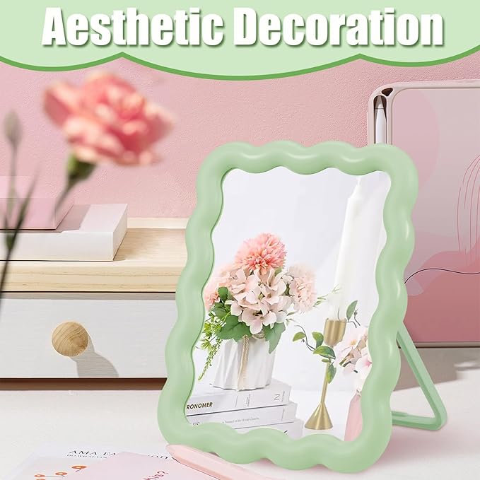 Desk Mirror, Wave-Shaped Adjustable Desk Vanity Makeup Mirror Office Cubicle with Eyebrows Tweezer, 6.7*5.3In Cute Travel Portable Folding Make Up Mirrors for Standing Hanging Home Decoration(Green)