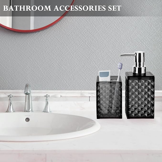 Bathroom Accessories Set 2 PCS, Black Bathroom Accessories Include Soap Dispenser and Toothbrush Holder, Diamond Pattern Bathroom Set for Boho Bathroom Decor