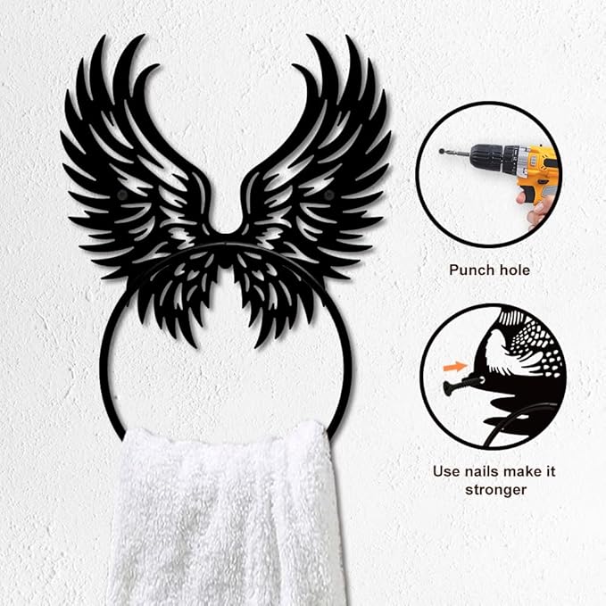 MAYJOYDIY Angel Wings Metal Towel Ring Feather Wings Towel Holder Bath Towel Ring for Wall Black Art Towel Rack Wall Mounted for Bathroom Kitchen Towel Hanger Home Decors Gift