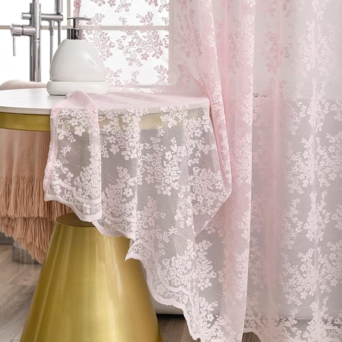 Pink Lace Shower Curtain - Vintage Shower Curtain with Attached Valance, Floral Lace Bath Curtain for Bathroom, Farmhouse Style Shabby Chic Bath Curtain Scalloped Edge, 72 x 72 Inch, 1 Panel