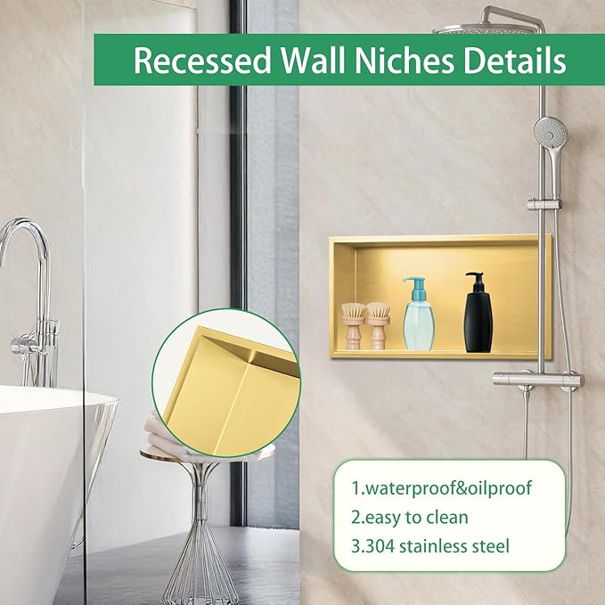SaniteModar Shower Niche, Stainless Steel Shower Niche No Tile Needed, Recessed for Bathroom Storage (Brushed Gold, 12x24)