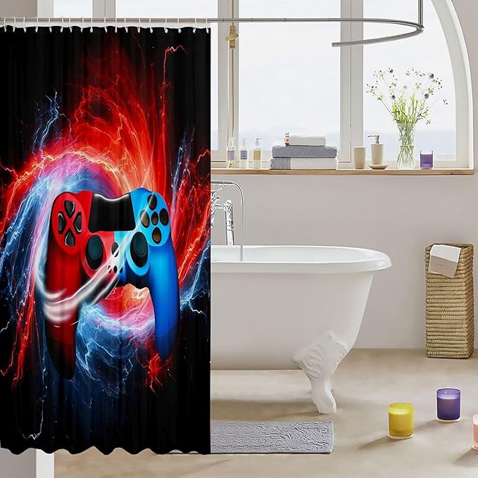 Feelyou Gamepad Bathroom Shower Curtain Set Kids Gamer Console Shower Curtain Modern Game Controller Bath Curtain for Boys Stalls Bathtubs Decor Red Blue Whirlwind Waterproof Curtain 72"x72"
