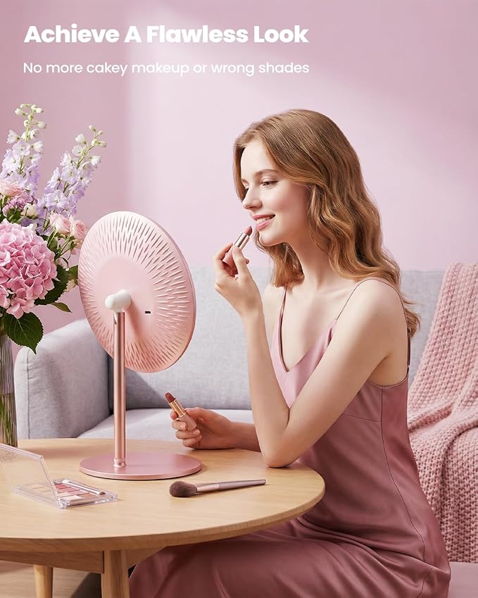 SJZX Cute Pink Lighted Makeup Mirror, Rechargeable Vanity Mirror with 70 LEDs & 1400 Lux, 3 Color Lighting, Dimmable Touch Screen, Portable Detachable Stand for Desk & Tabletop, Women Gift
