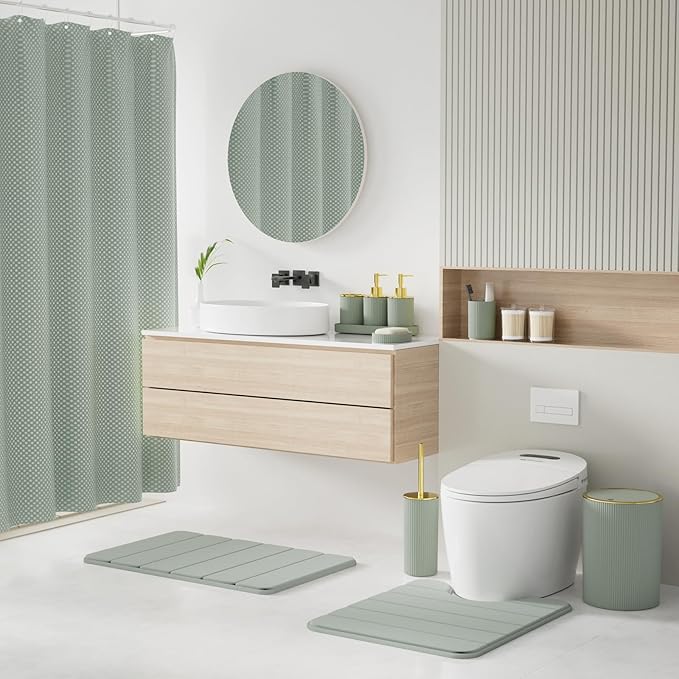 Sage Green and Gold Bathroom Accessories Set - Bathroom Sets, 25PC Bath Accessory Set, Bathroom Sets with Push Top Trash Can, Shower Curtain and Rugs, Toilet Brush, Trash Can & Soap Dispenser