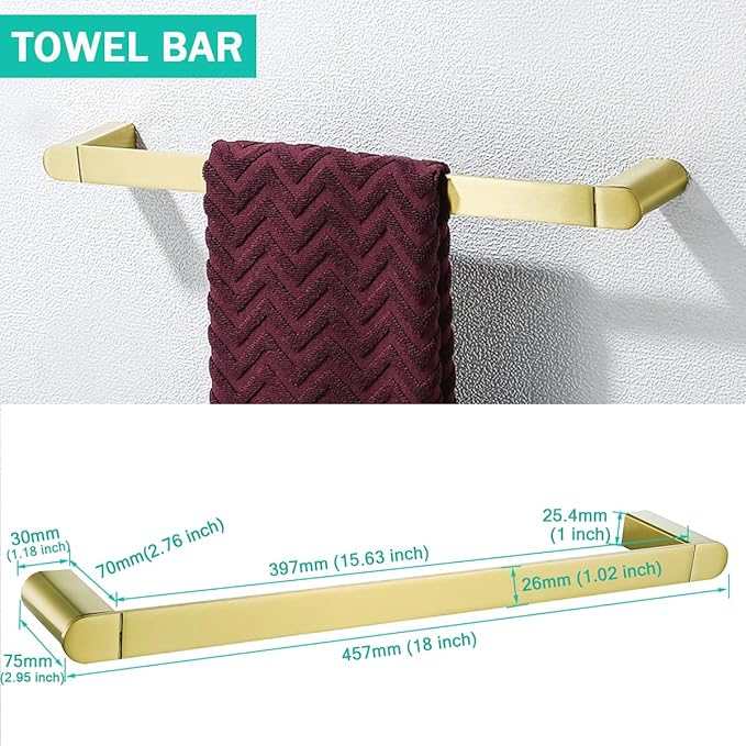 Brushed Gold Bathroom Hardware Set 4 Pieces, Stainless Steel Towel Bar Set Wall Mounted, Include 18 inch Towel Bar, Robe Towel Hooks, Toilet Paper Holder,Towel Racks Set for Bathroom