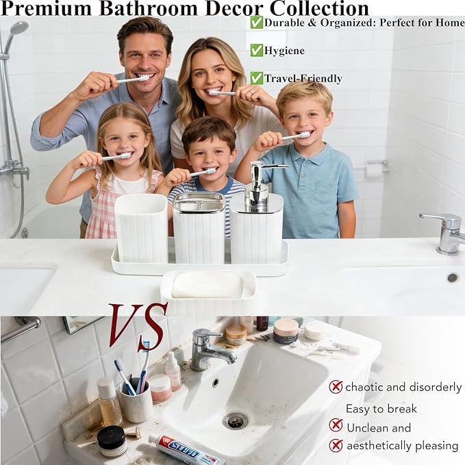 Bathroom Accessories Set 5pcs- Bathroom Set, Plastic Bathroom Accessory Sets with Lotion Soap Dispenser, Soap Dish, Toothbrush Holder, Toothbrush Cup, Vanity Tray, Boho, Modern Bathroom Decor, White