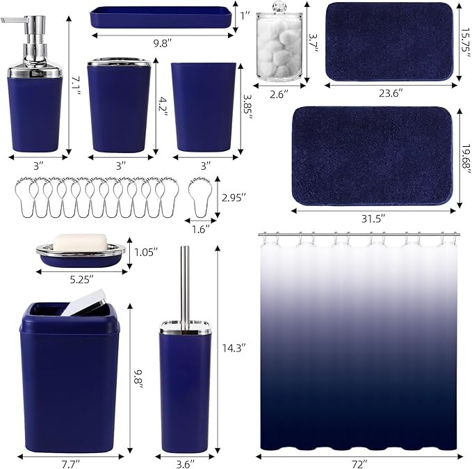 XLHOMO 24PC Navy Blue Bathroom Set with Shower Curtain and Rugs, Blue Bathroom Sets Complete with Trash Can,Soap Dispenser,Soap Dish,Toilet Brush,Toothbrush Holder and Cup,Tray,Q-Tip Holders