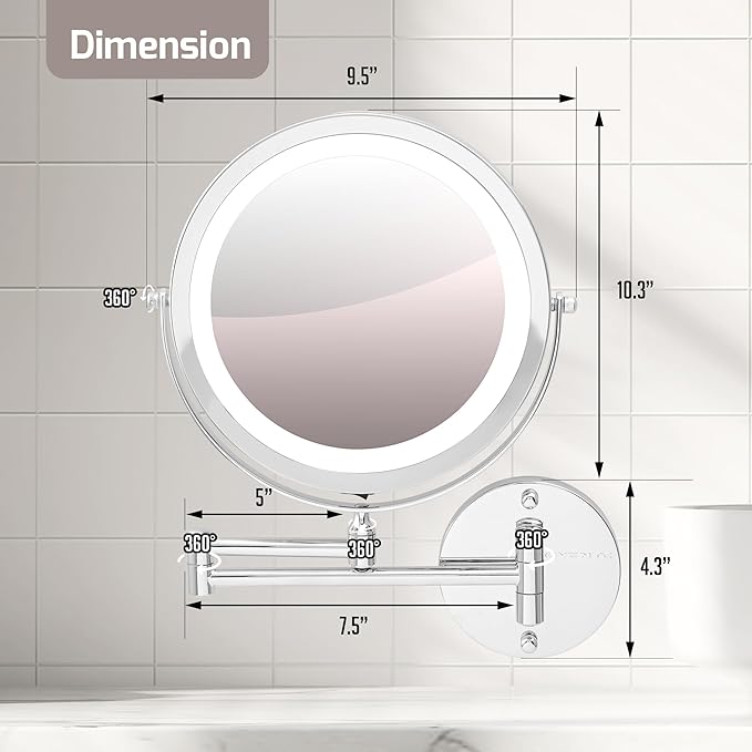 OVENTE Wall Mounted Lighted Makeup Mirror, 9" Double Sided 1X/10X Magnifying Vanity Mirror for Bathroom with LED Lights, Cordless, 360° Rotation and 13" Extendable Arm, Polished Chrome MFW85CH1X10X