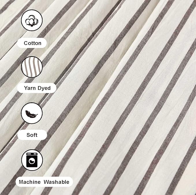 Farmhouse Shower Curtain,Beige and Brown Stripe,Button Curtain,Linen and Cotton Woven Fabric,Rustic Charm Country Chic Style,72x72 in