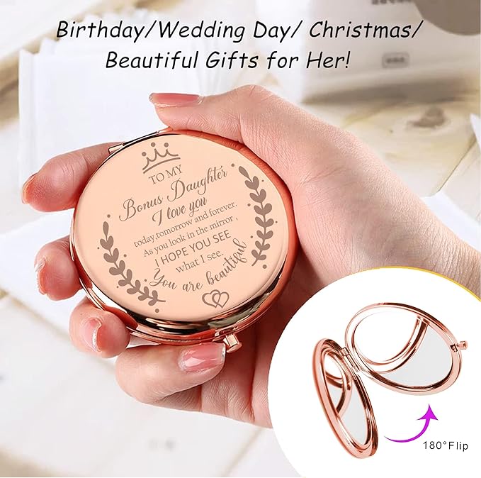Soulpetals Bonus Daughter Gifts from Mom, Birthday Gifts for Bonus Daughter Adult, Gifts for Step Daughter Wedding Gift from Mom Bonus Daughter Makeup Compact Mirror for Christmas