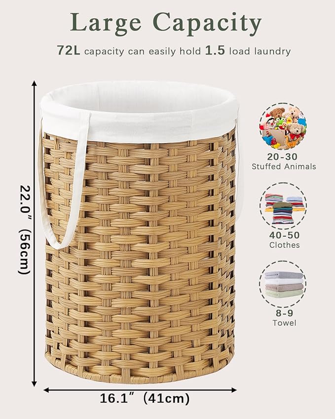 SETVSON Laundry Hamper Laundry Basket Round 19.0 Gal (72 L) Handwoven Rattan Hamper, Large Wicker Hamper Basket with Removable Liner Bag Handles 2 Mesh Bags for Bathroom Living Room Natural (No Lid)