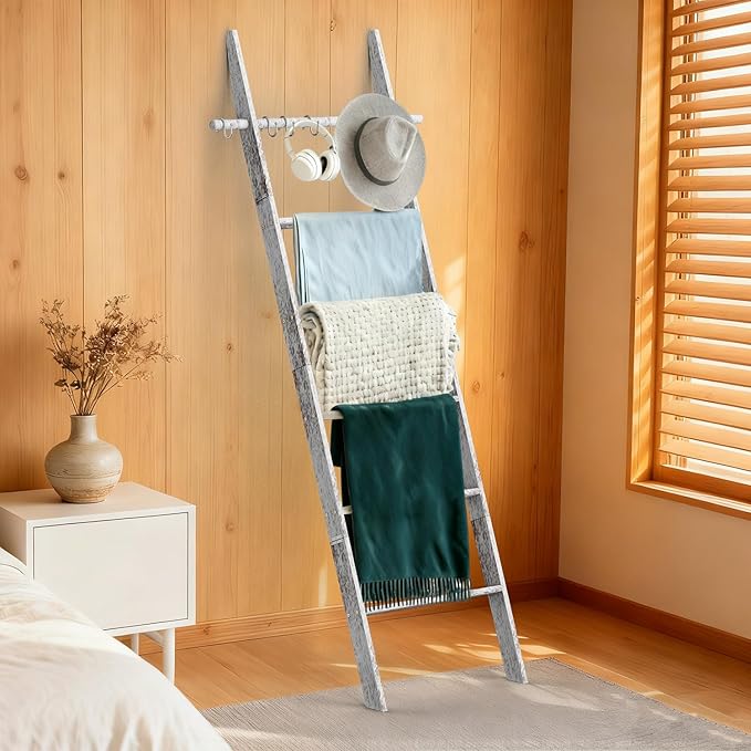 Farmhouse Wooden Blanket Ladder Living Room with Removable Hooks, 6-Tier Blanket Rack Decorative Stand, Leaning Towel Quilt Rack Holder for Bathroom Decor Rustic White
